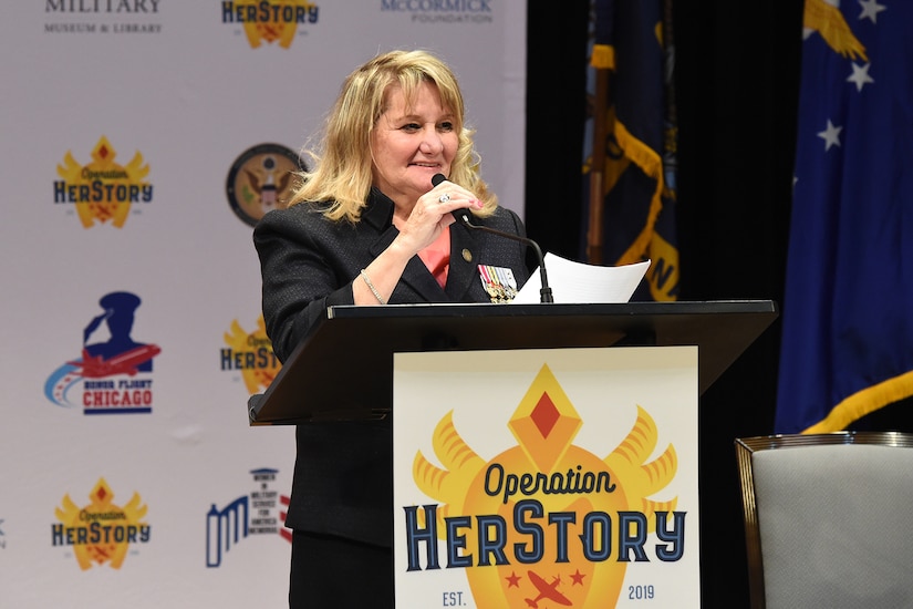 Ginny Narsete, U.S. Air Force Veteran and the founder of Operation HerStory gives remarks during the Operation HerStory all-female Honor Flight news conference at Pritzker Military Library, in Chicago, February 25, 2020.