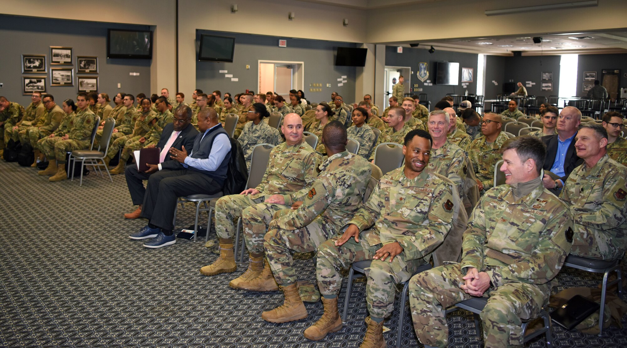 Members of Goodfellow attended the Black History Month event to celebrate history and heritage at the event center on Goodfellow Air Force Base, Texas, February 20, 2020. During the event, members of team Goodfellow came together to recognize the accomplishments of African American and black individuals highlighting military contributions. (U.S. Air Force photo by Airman 1st Class Ethan Sherwood)