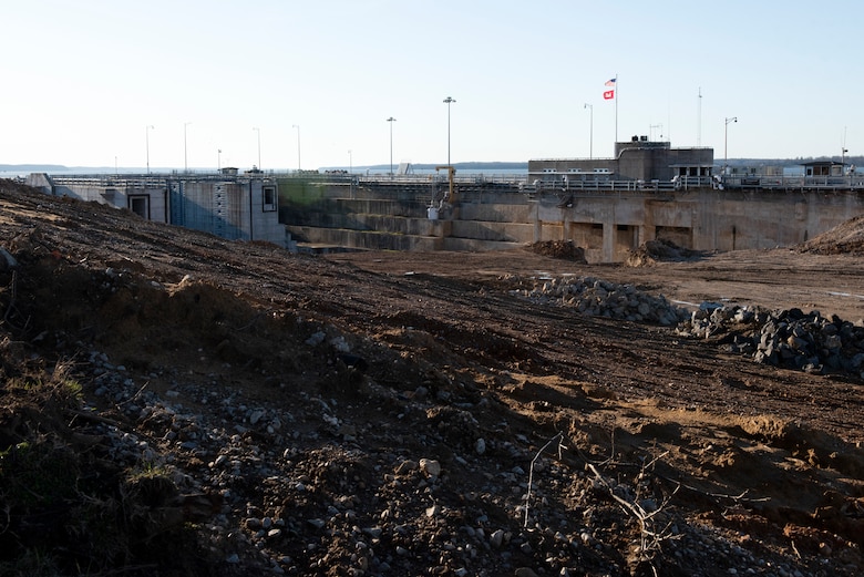 Excavation is progressing Feb. 2, 2020 at the Kentucky Lock Addition Project on the Tennessee River in Grand Rivers, Kentucky. The U.S. Army Corps of Engineers is preparing for construction of the downstream section of the new lock chamber at the Tennessee Valley Authority Project. (USACE Photo by Lee Roberts)