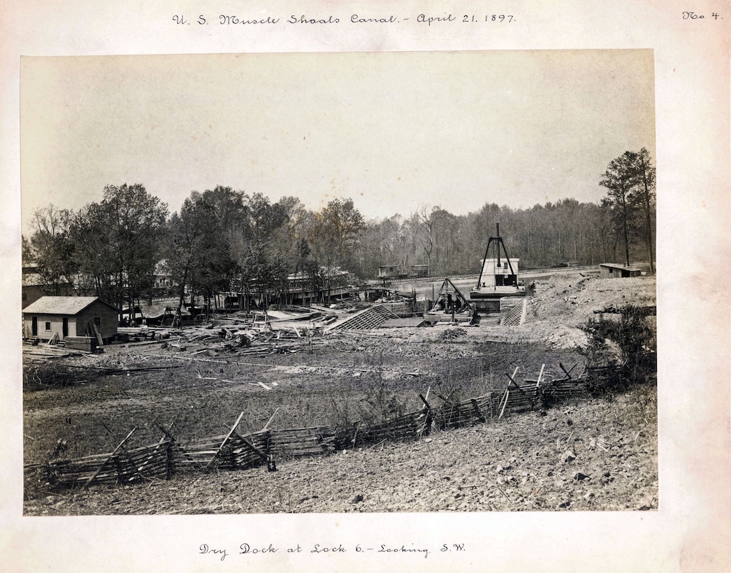 U.S. Army Corps of Engineers Nashville District Historical photo - Construction is underway at the dry dock at Lock No. 6 at Muscle Shoals Canal April 21, 1897.