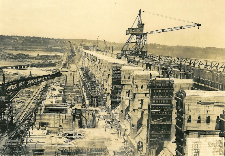 U.S. Army Corps of Engineers Nashville District Historical Photo - This is a view from the south bank of the Tennessee River of ongoing construction of Wilson Dam May 3, 1924.