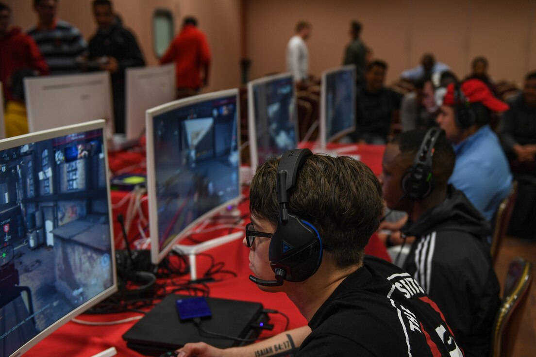 U.S. Airmen with the 31st Fighter Wing compete in a monthly gaming tournament at Aviano Air Base, Italy, Feb. 22, 2020. The Aviano Gaming Group started the monthly tournament to increase morale for all Airmen. (U.S. Air Force photo by Airman Thomas S. Keisler IV)