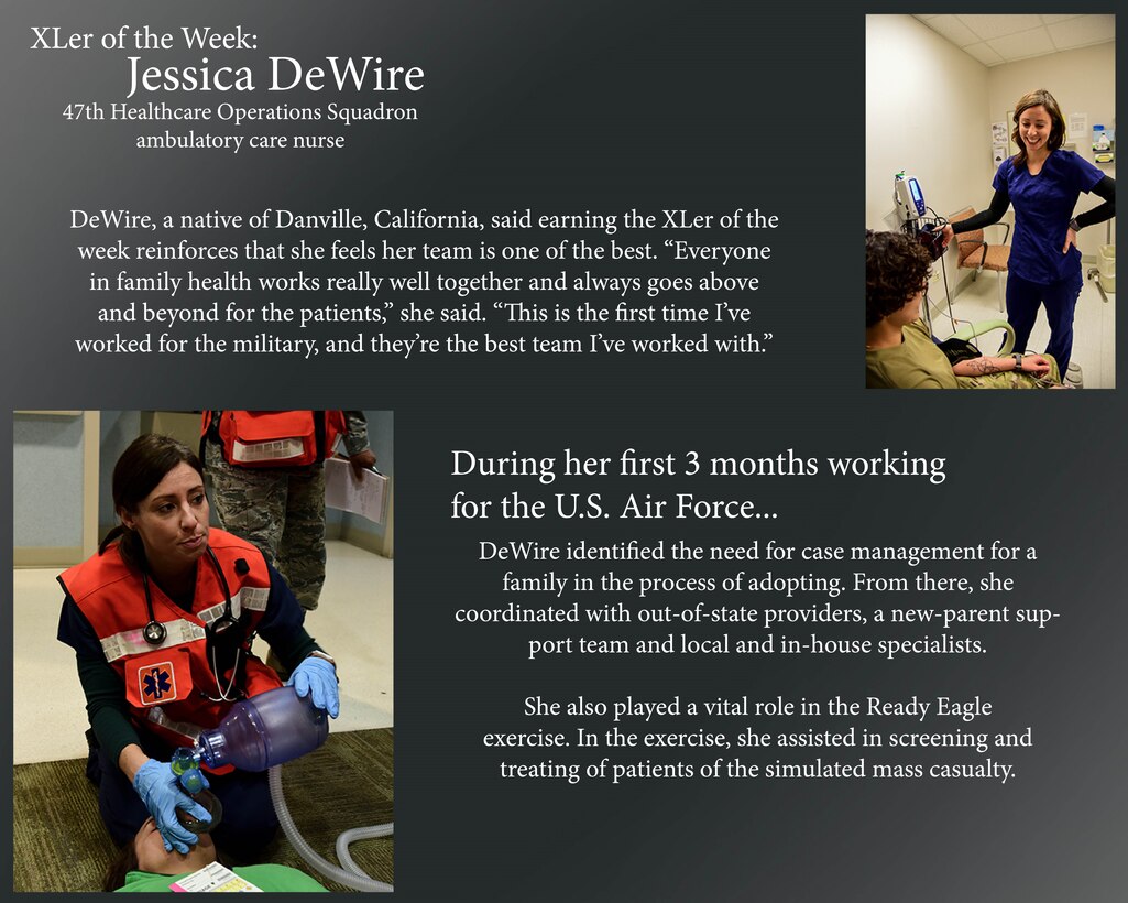 Jessica DeWire, 47th Healthcare Operations Squadron ambulatory care nurse, was chosen by wing leadership to be the “XLer of the Week” of Feb. 24, 2020 at Laughlin Air Force Base, Texas. The “XLer” award, presented by Col. Todd Dyer, 47th Flying Training Wing vice commander, and Chief Master Sgt. Robert Zackery III, 47th FTW command chief master sergeant, is given to those who consistently make outstanding contributions to their unit and the Laughlin mission. (U.S. Air Force Graphic by Senior Airman Anne McCready)