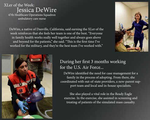 Jessica DeWire, 47th Healthcare Operations Squadron ambulatory care nurse, was chosen by wing leadership to be the “XLer of the Week” of Feb. 24, 2020 at Laughlin Air Force Base, Texas. The “XLer” award, presented by Col. Todd Dyer, 47th Flying Training Wing vice commander, and Chief Master Sgt. Robert Zackery III, 47th FTW command chief master sergeant, is given to those who consistently make outstanding contributions to their unit and the Laughlin mission. (U.S. Air Force Graphic by Senior Airman Anne McCready)