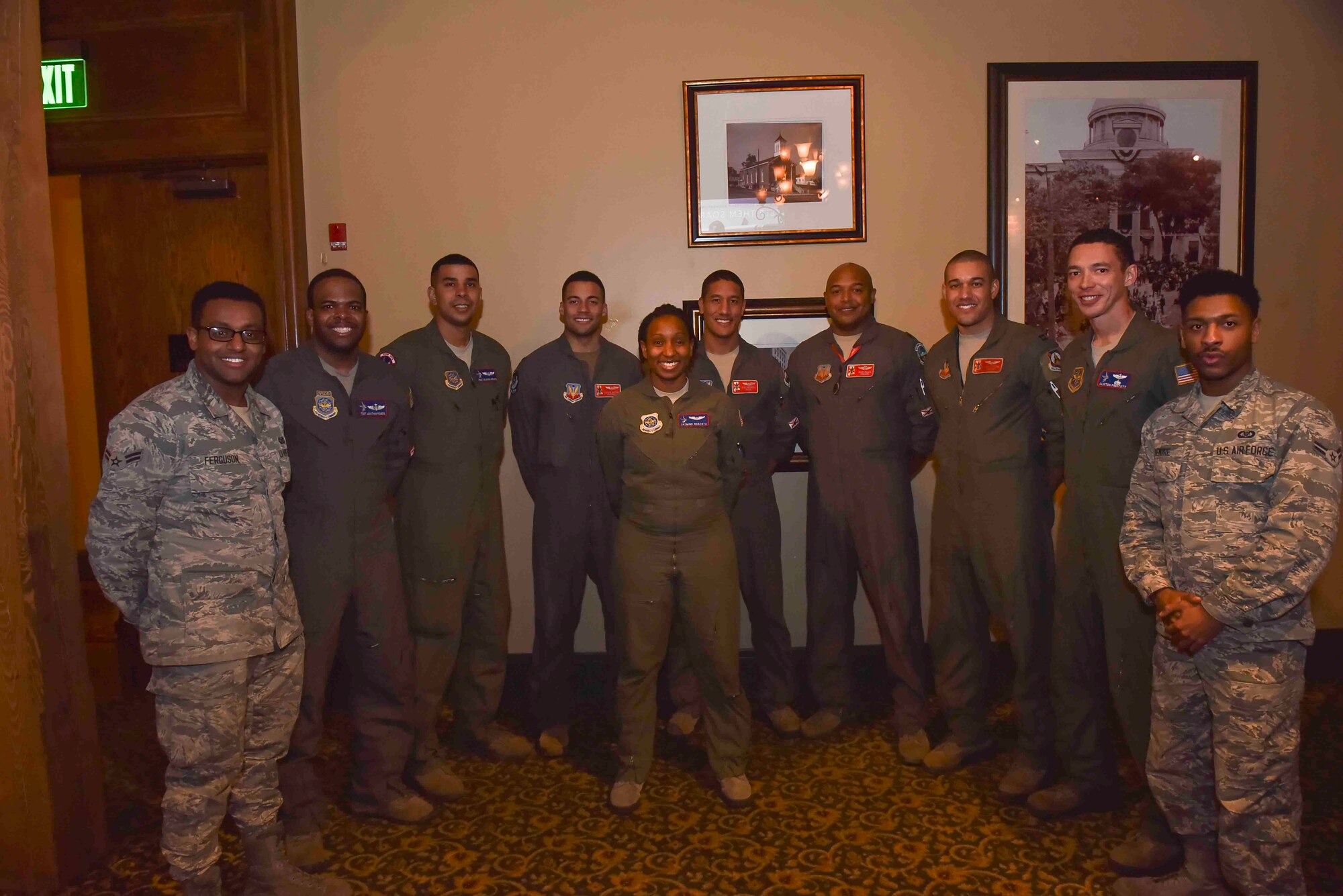 U.S. Air Force Airmen, assigned to the 187th Fighter Wing, Alabama Air National Guard, pose for a photo with Airmen from Fairchild Air Force Base, Wash., in Montgomery, Alabama, Feb. 18, 2020. A KC-135R Stratotanker from Fairchild AFB refueled 187th FW F-16 Fighting Falcons during an all-black aircrew sortie in honor of Black History Month. (U.S. Air Force photo by Airman 1st Class Kiaundra Miller)