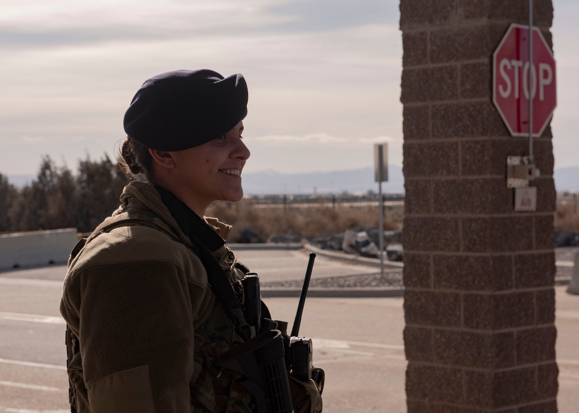 U.S. Air Force SrA Anna Hale, 366th Security Forces Squadron response force leader, stands at the main gate, Feb. 24, 2019 on Mountain Home Air Force Base, Idaho. MHAFB is the first base in the Air Combat Command to issue female plate carriers.(U.S. Air Force photo by Airman Natalie Rubenak)