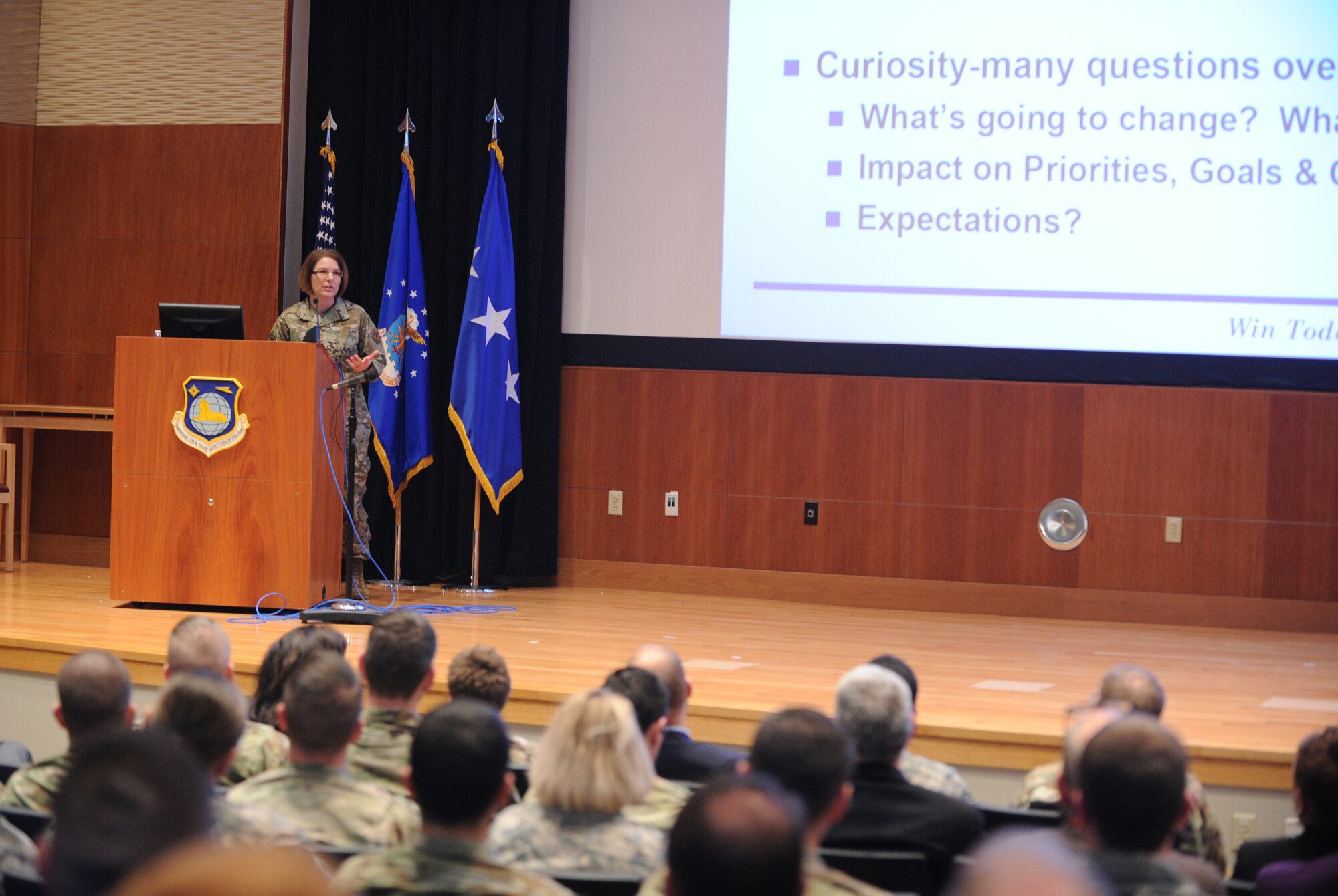 U.S. Air Force Lt. Gen. Mary F. O’Brien, Deputy Chief of Staff for Intelligence, Surveillance, Reconnaissance and Cyber Effects Operations, listens to an attendees question during her briefing with members of the National Air and Space Intelligence Center on Wright-Patterson AFB, Ohio, 23 Jan. 2020. During her briefing, General O’Brien spoke on topics such as the projected avenues of improvement for the intelligence community, the formation of the United States Space Force and the importance of strong diverse teams. (U.S. Air Force photo Staff Sgt. Seth Ray Stang)