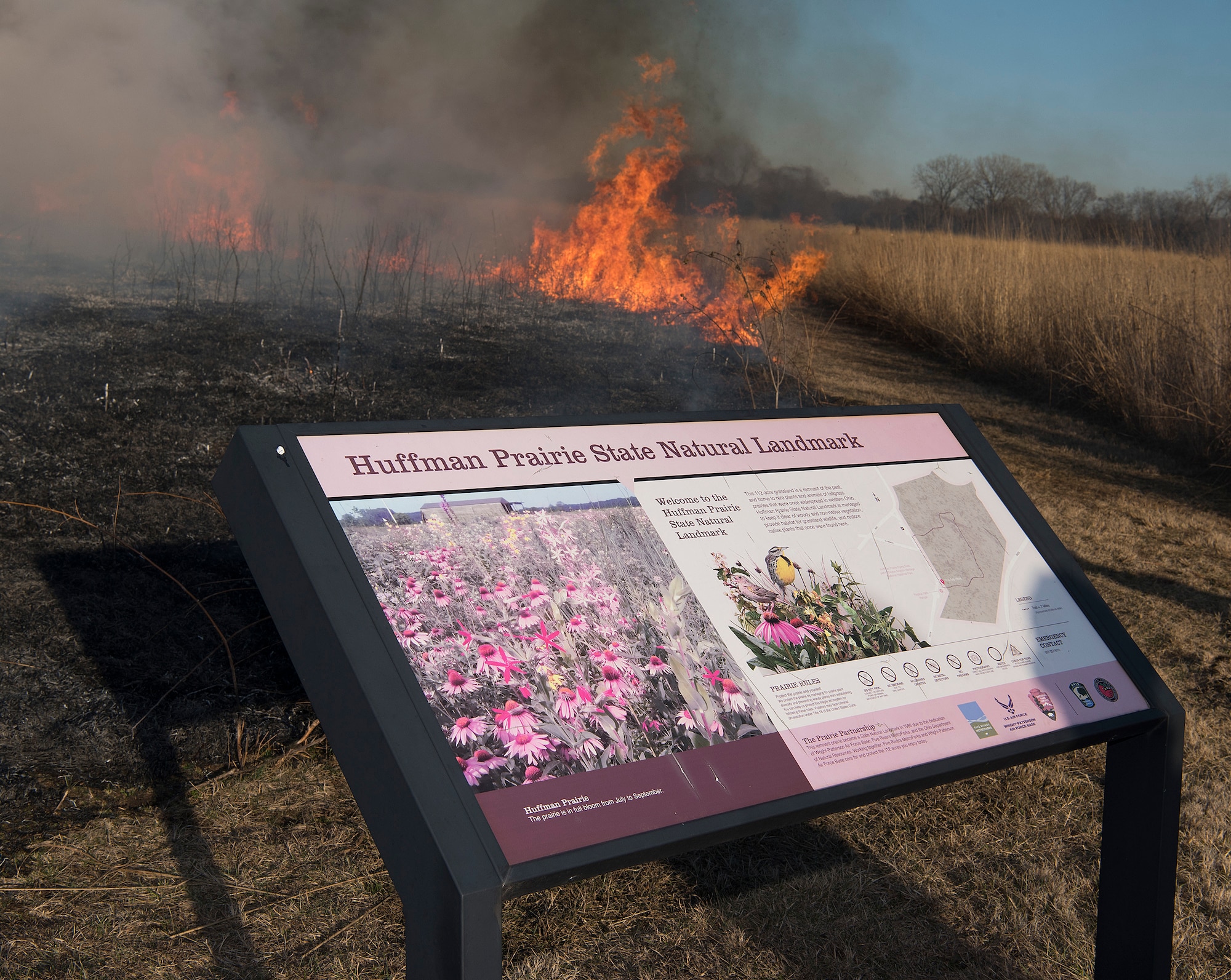 Huffman Prairie, where the Wright brothers learned to fly, burns Feb. 21, 2020. The event was a prescribed burn conducted by Wright-Patterson Air Force Base, Ohio, to help the prairie grass thrive and discourage woody vegetation.(U.S. Air Force photo/R.J. Oriez)