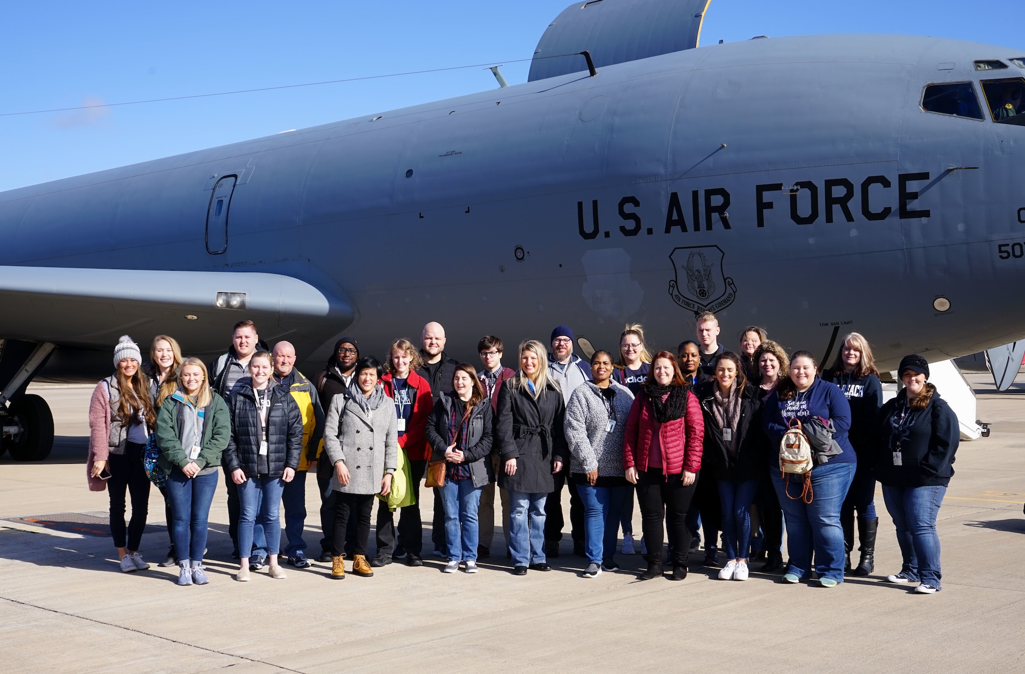 The Air Force Life Cycle Management Center logistics community and interns from the Premier College Intern Program and PALACE Acquire Logistics Trainee Program, learn about the 507th Air Refueling Wing's mission during an orientation flight Feb. 25, 2020, at Tinker Air Force Base, Oklahoma. (U.S. Air Force photo by Senior Airman Mary Begy)