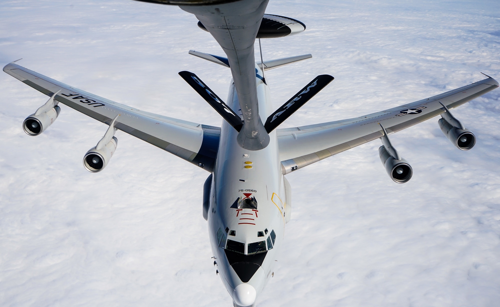 KC-135R Stratotanker from the 507th Air Refueling Wing refuels an E-3 Sentry from the 552nd Air Control Wing during an orientation flight Feb. 25, 2020, at Tinker Air Force Base, Oklahoma. The flight gave The Air Force Life Cycle Management Center logistics community and interns from the Premier College Intern Program and PALACE Acquire Logistics Trainee Program an opportunity to learn about the 507th Air Refueling Wing's mission. (U.S. Air Force photo by Senior Airman Mary Begy)