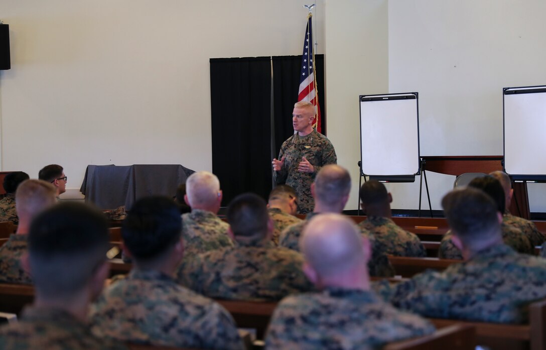 U.S. Marine Corps Maj. Gen. Paul J. Rock, commanding general of 3D Marine expeditionary Brigade, introduces Brig. Gen. William J. Bowers, commanding general of Marine Corps Installations Pacific, the speaker for this professional military education training at Camp Courtney, Okinawa, Japan, Feb. 24, 2020. Bowers covered the Battle of Guadalcanal and its relevance to operations today. (U.S. Marine Corps photo by Lance Cpl. Francesca Landis)