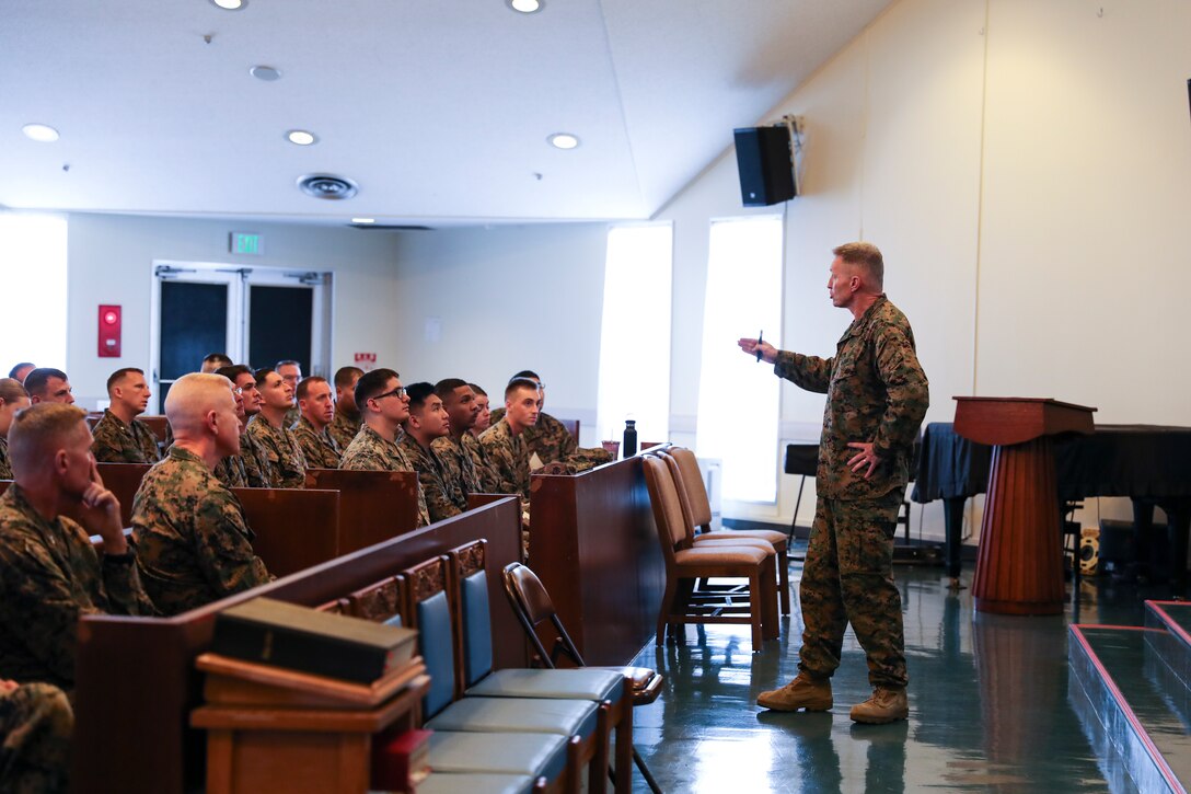 U.S. Marine Corps Brig. Gen. William J. Bowers, commanding general of Marine Corps Installations Pacific, speaks to Marines during a professional military education training at Camp Courtney, Okinawa, Japan, Feb. 24, 2020. Bowers covered the Battle of Guadalcanal and its relevance to operations today. (U.S. Marine Corps photo by Lance Cpl. Francesca Landis)