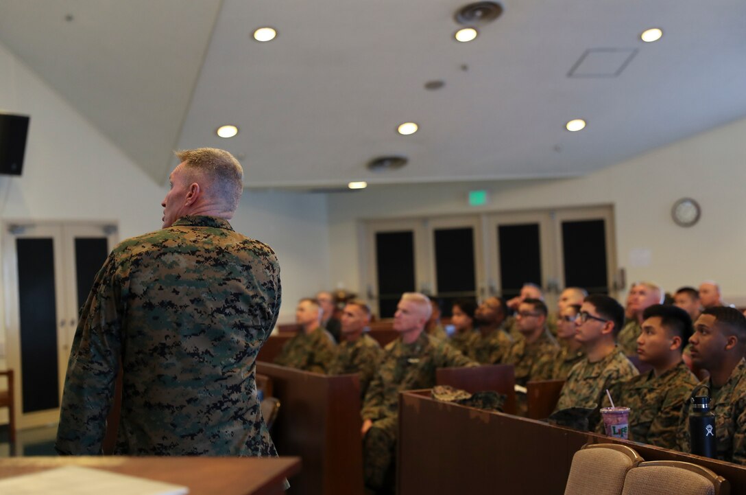 U.S. Marine Corps Brig. Gen. William J. Bowers, commanding general of Marine Corps Installations Pacific, speaks to Marines during a professional military education training at Camp Courtney, Okinawa, Japan, Feb. 24, 2020.Bowers covered the Battle of Guadalcanal and its relevance to operations today. (U.S. Marine Corps photo by Lance Cpl. Francesca Landis)