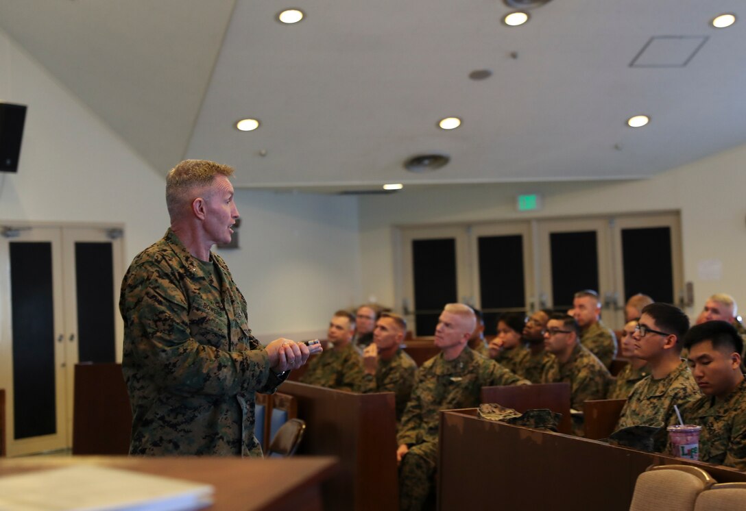 U.S. Marine Corps Brig. Gen. William J. Bowers, commanding general of Marine Corps Installations Pacific, speaks to Marines during a professional military education training at Camp Courtney, Okinawa, Japan, Feb. 24, 2020. Bowers covered the Battle of Guadalcanal and its relevance to operations today. (U.S. Marine Corps photo by Lance Cpl. Francesca Landis)