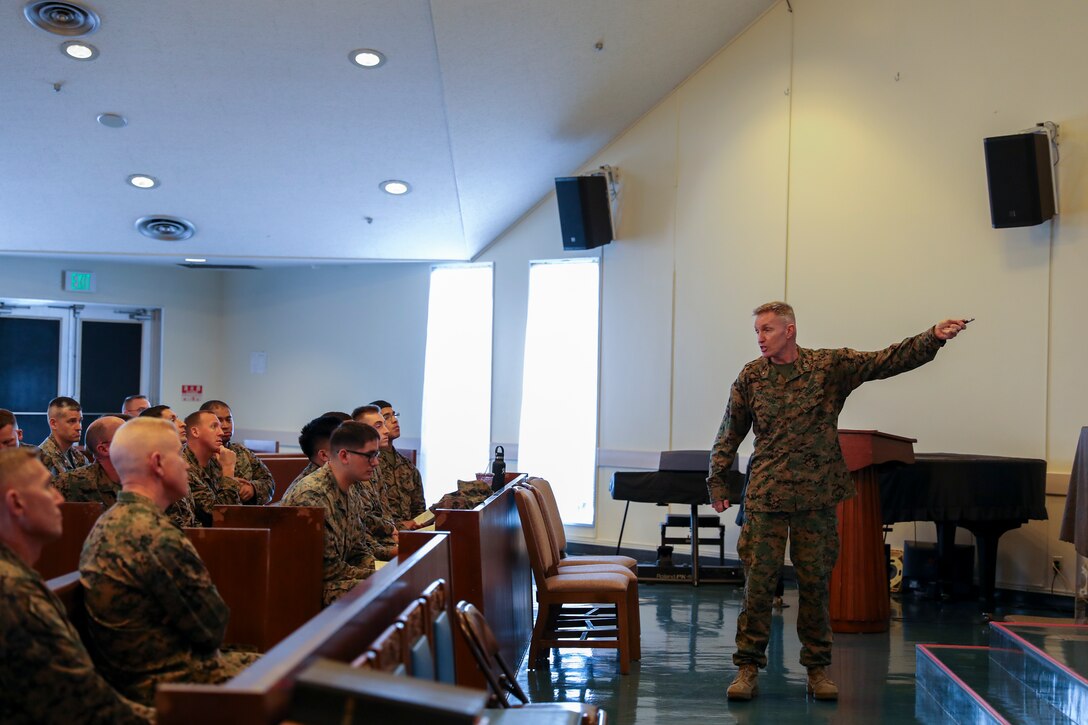 U.S. Marine Corps Brig. Gen. William J. Bowers, commanding general of Marine Corps Installations Pacific, speaks to Marines during a professional military education training at Camp Courtney, Okinawa, Japan, Feb. 24, 2020. Bowers covered the Battle of Guadalcanal and its relevance to operations today. (U.S. Marine Corps photo by Lance Cpl. Francesca Landis)