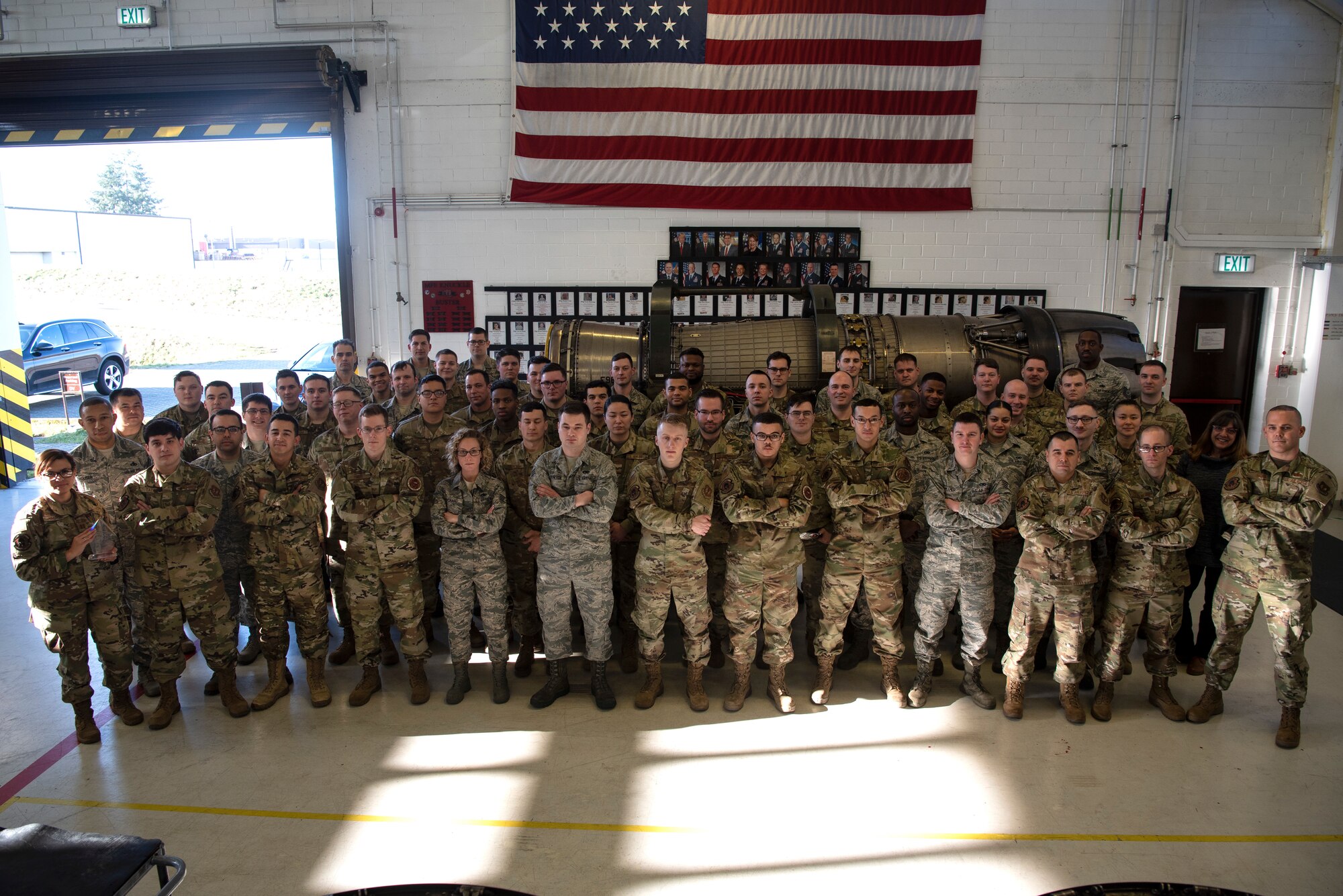 U.S. Air Force Airmen from the 52nd Maintenance Squadron Propulsion Flight pose for a photo at Spangdahlem Air Base, Germany, Feb. 6, 2020. The flight won the Air Force Chief of Safety: Aviation Maintenance Safety Award for performance excellence. The award identified the flight to be one of the best engine shops in the Air Force for incorporating risk management, developing improvements, and contributing to aircraft safety. (U.S. Air Force photo by Airman 1st Class Valerie Seelye)