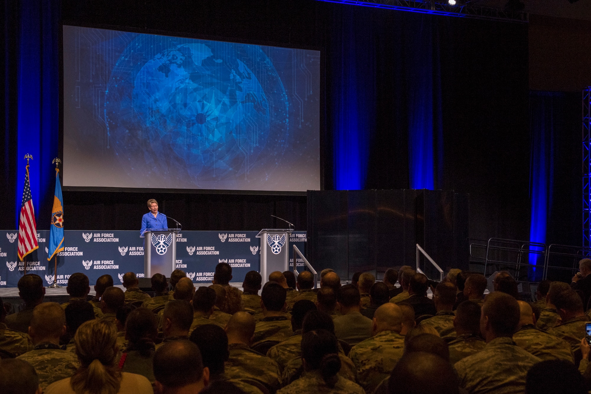 Secretary of the Air Force Barbara Barrett delivers remarks during the Air Force Association’s Air Warfare Symposium in Orlando, Fla., Feb. 27, 2020. The three-day event is a professional development forum that offers the opportunity for Department of Defense personnel to participate in forums, speeches, seminars and workshops with defense industry professionals. (U.S. Air Force photo by Wayne Clark)