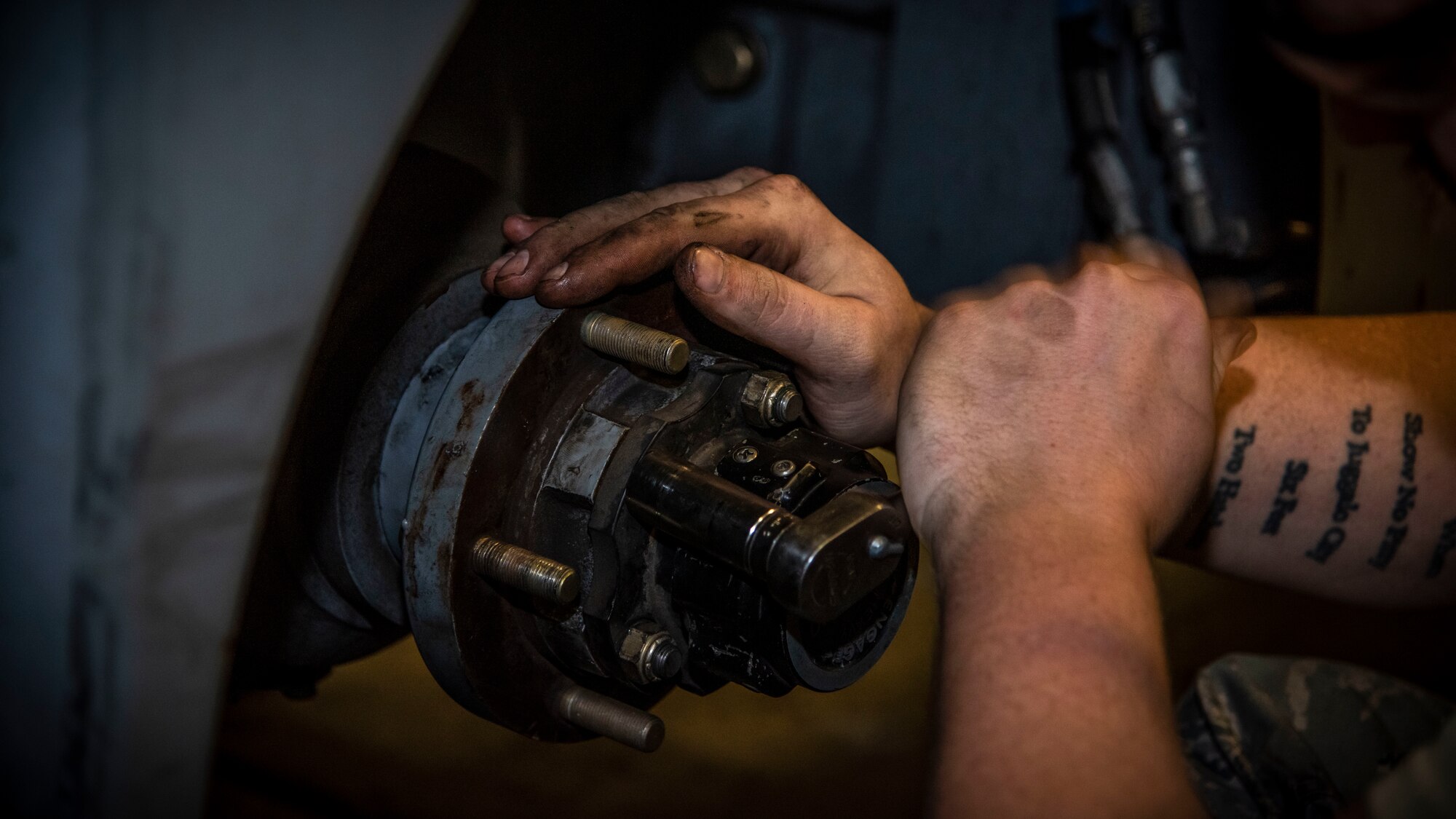 Airman 1st Class Derrick Redmer, a 35th Maintenance Squadron aerospace ground equipment technician, puts a hub on a piece of equipment after a wheel and bearing inspection at Misawa Air Base, Japan, Feb. 25, 2020. The AGE flight ensures all equipment meet the proper standards before the equipment is utilized on the flightline. (U.S. Air Force photo by Airman 1st Class China M. Shock)