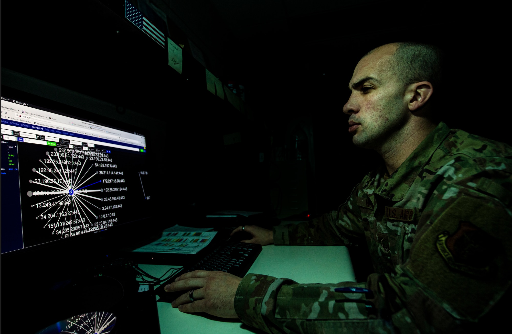 Master Sgt. Blaze West, 911th Communications Squadron mission defense team crew lead, uses the Cyber Vulnerability Assessement/Hunter to view sensor data at the Pittsburgh International Airport Air Reserve Station, Pennsylvania, Feb. 4, 2020.