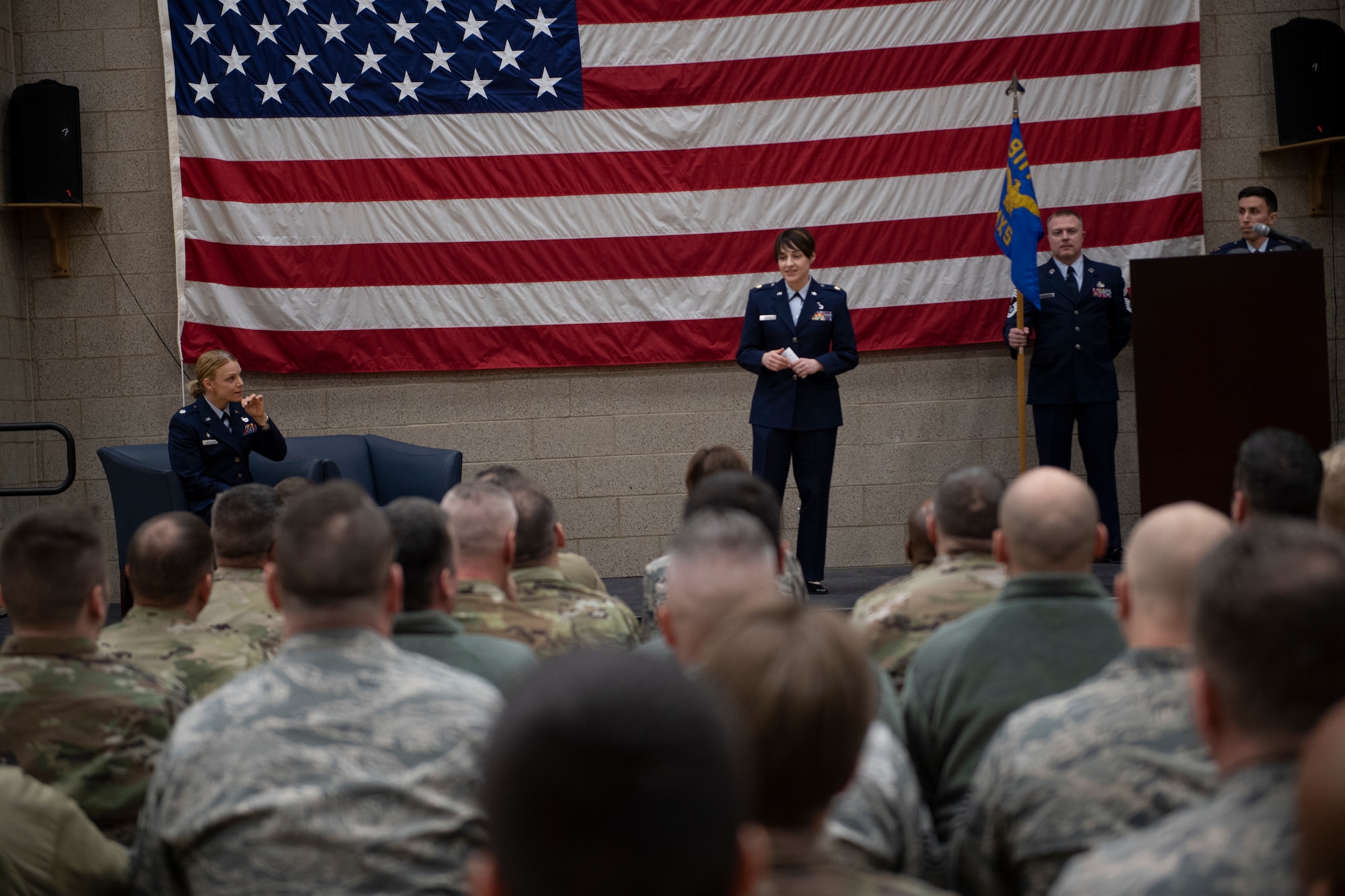 Maj. Shelly A. Martin, 911th Maintenance Squadron commander, introduces herself to 911th MXS Airmen as the new commander of the squadron during an assumption of command ceremony at the Pittsburgh International Airport Air Reserve Station, Feb. 8, 2020.