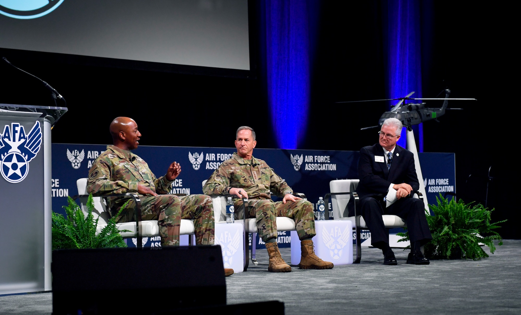 Air Force Chief of Staff Gen. David L. Goldfein and Chief Master Sergeant of the Air Force Kaleth O. Wright participate in a sit down discussion during the Air Force Association's Air Warfare Symposium, in Orlando, Fla., Feb. 27, 2020. The three-day event is a professional development forum that offers the opportunity for Department of Defense personnel to participate in forums, speeches, seminars and workshops with defense industry professionals. (U.S. Air Force photo by Wayne Clark)