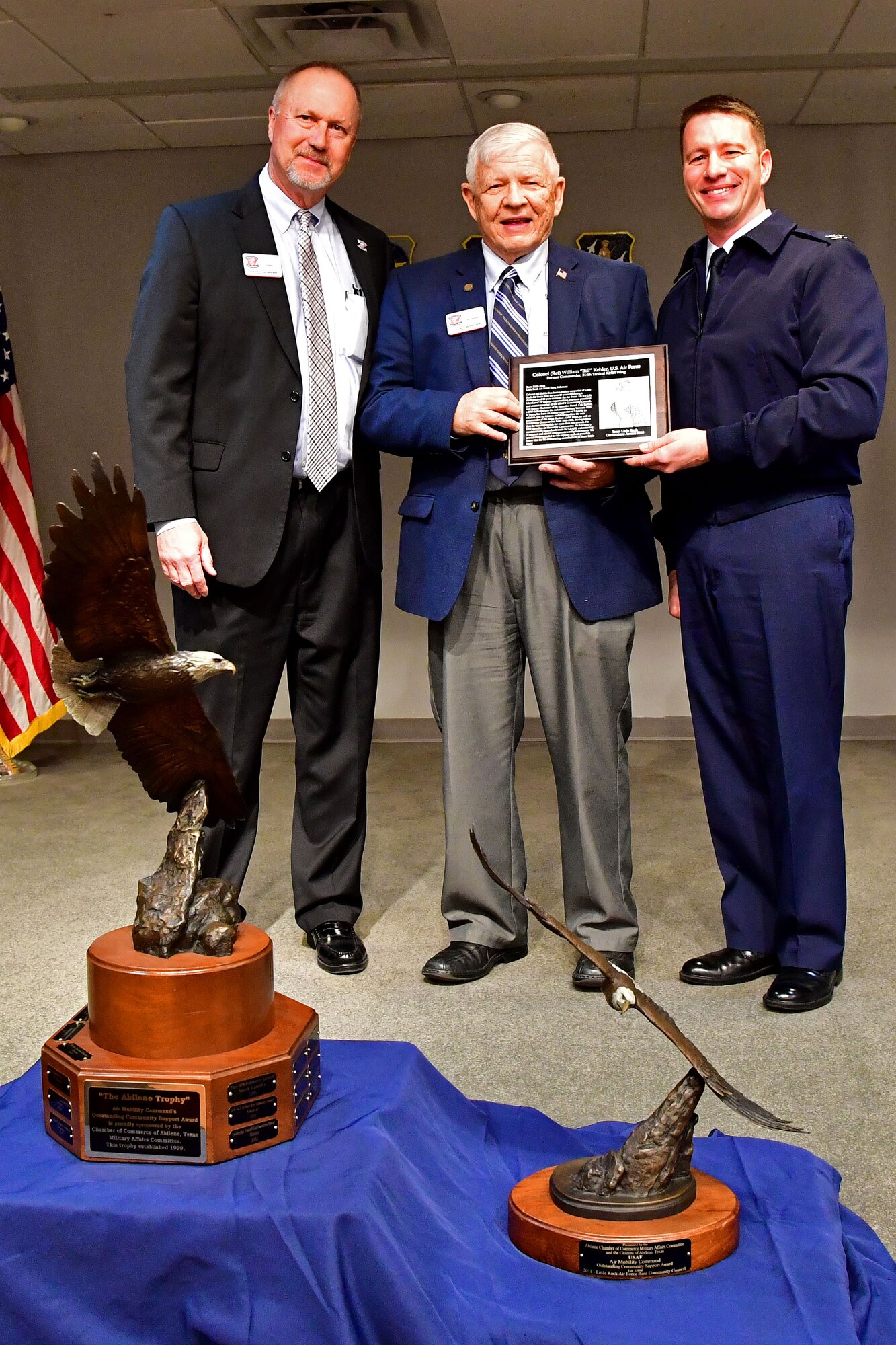 U.S. Air Force Colonel (Ret) Bill Kehler, former 314th Tactical Airlift Wing commander, is awarded the 2019 Team Little Rock Cornerstone Award by U.S. Air Force Col. John Schutte.
