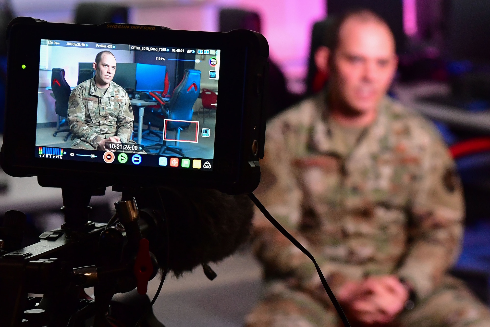 The Association of Defense Communities interviews U.S. Air Force 1st Lt. Thomas Van Dorple, 223rd Cyberspace Operations Squadron flight commander, at Jacksonville High School.