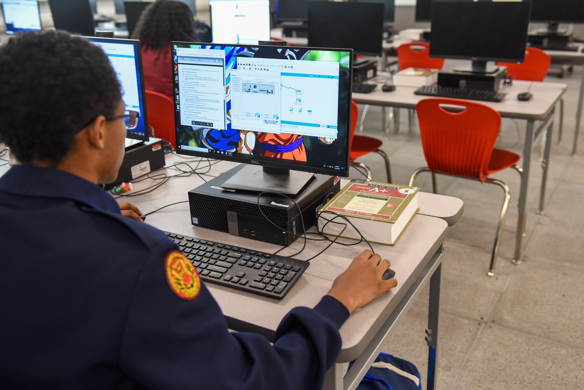 A student from Jacksonville High School utilizes the new Cyber Security curriculum in Jacksonville, Arkansas.