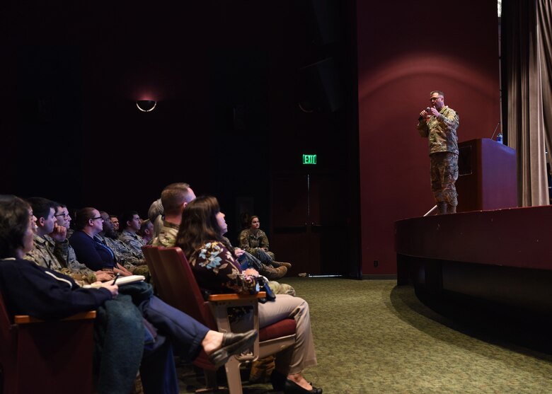 Col. Anthony Mastalir, 30th Space Wing commander, speaks during an all call Feb. 27, 2020, at Vandenberg Air Force Base, Calif. The all call addressed the future of space, local priorities and upcoming changes to the installation. (U.S. Air Force photo by Senior Airman Aubree Milks)