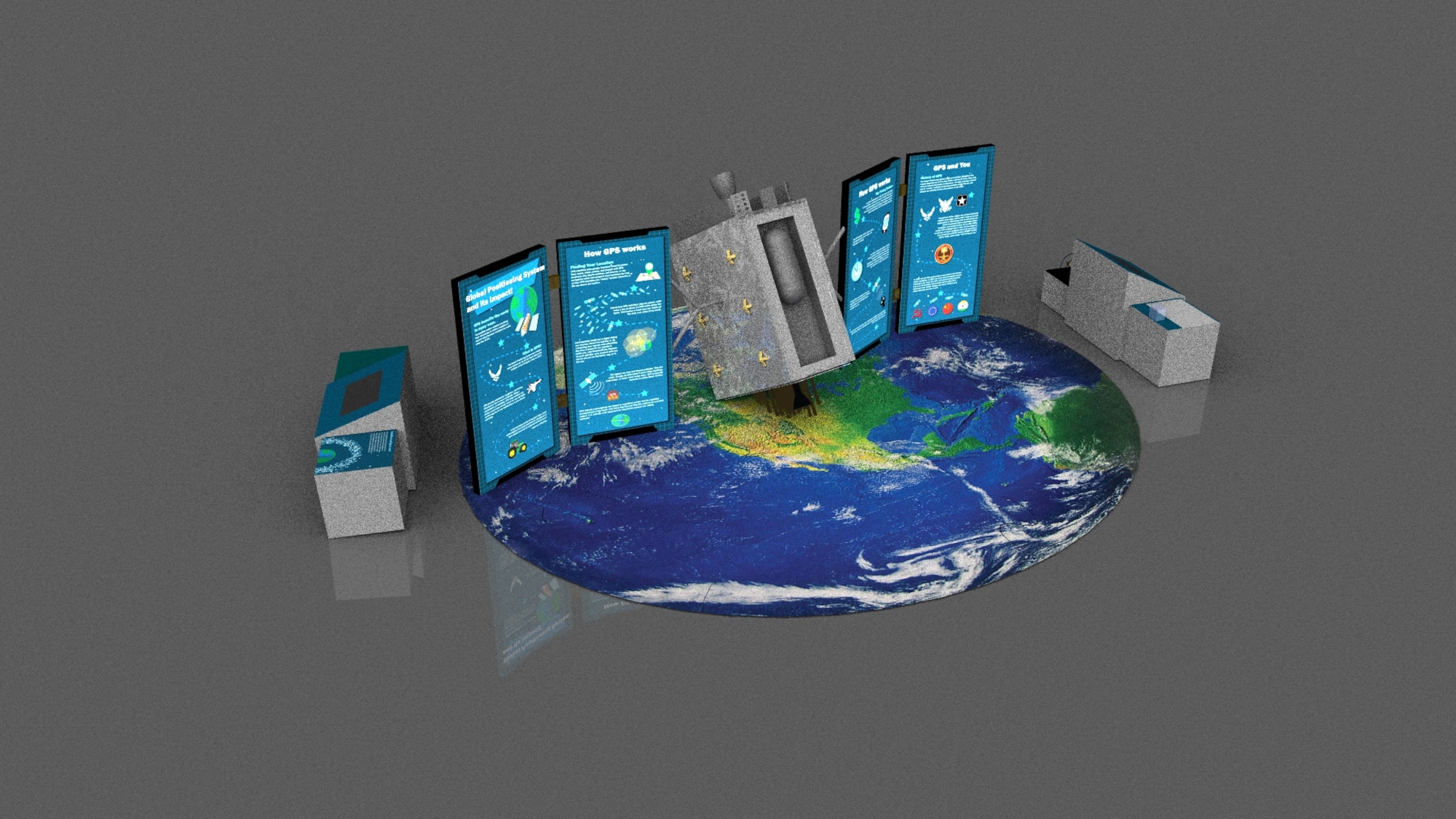 An overhead illustration of the layout of the GPS Exhibit.  It is an image of a "mock" satellite on top of a large picture of the earth.