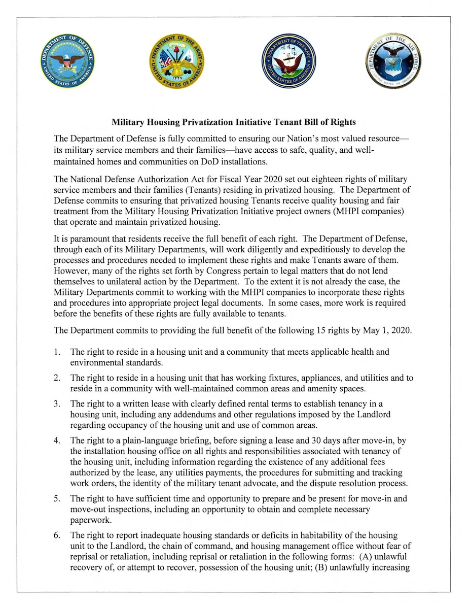 Military Housing Privatization Initiative Tenant Bill of Rights signed > MacDill Air Force Base