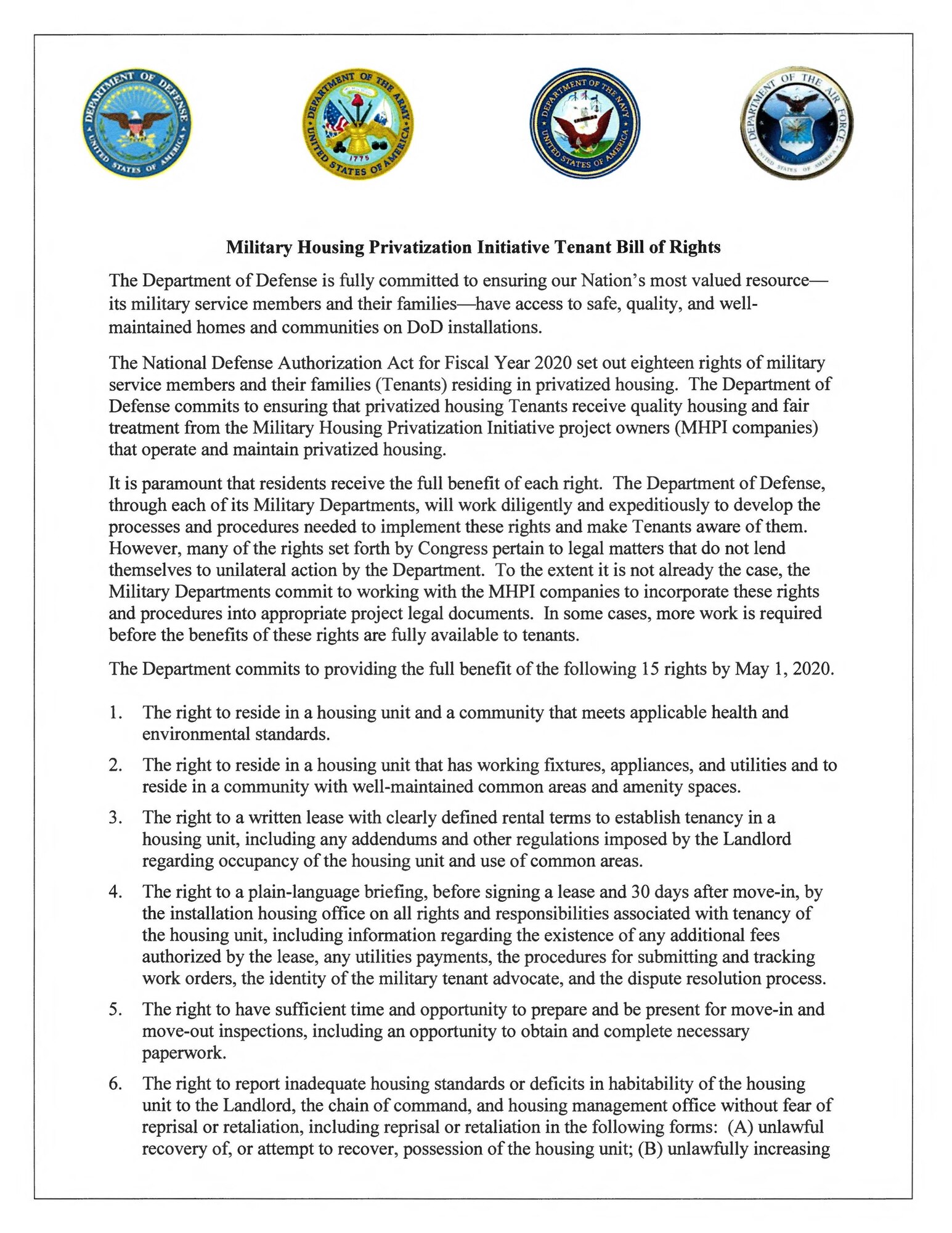 Secretary of Defense Dr. Mark T. Esper, Secretary of the Army Ryan D. McCarthy, Acting Secretary of the Navy Thomas B. Modly and Secretary of the Air Force Barbara M. Barrett signed the Military Housing Privatization Initiative Tenant Bill of Rights Feb. 25. The Bill of Rights commits the Department of Defense to ensuring privatized housing tenants receive quality housing and fair treatment from the Military Housing Privatization Initiative project owners that operate and maintain privatized housing. (DoD graphic)