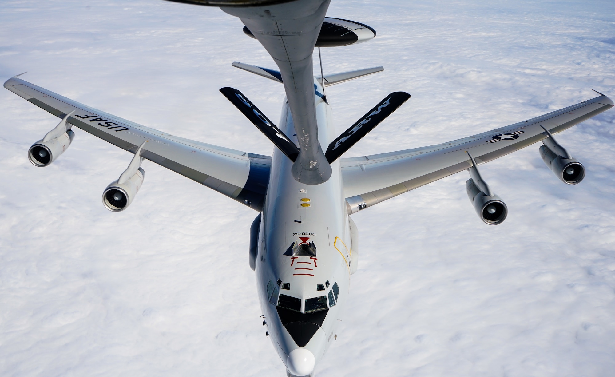 A KC-135R Stratotanker refuels an E-3 Sentry