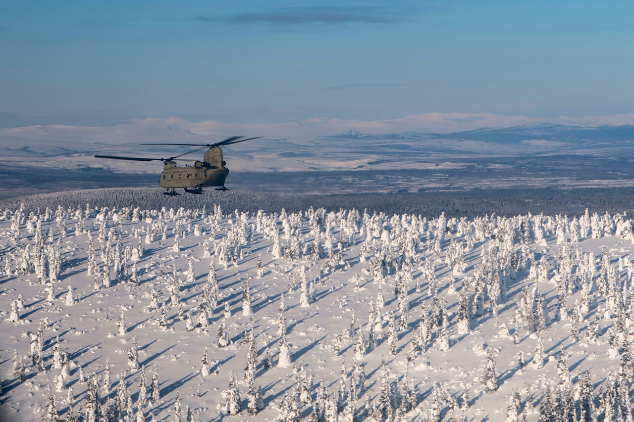 A helicopter flies over snowy terrain dotted with stunted-looking trees.