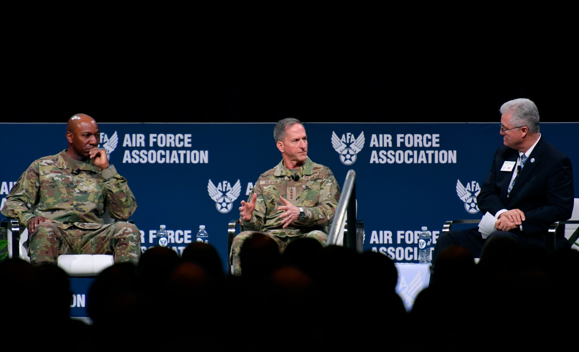 Air Force Chief of Staff Gen. David L. Goldfein and Chief Master Sergeant of the Air Force Kaleth O. Wright participate in a sit down discussion during the Air Force Association's Air Warfare Symposium, in Orlando, Fla., Feb. 27, 2020. The three-day event is a professional development forum that offers the opportunity for Department of Defense personnel to participate in forums, speeches, seminars and workshops with defense industry professionals. (U.S. Air Force photo by Wayne Clark)