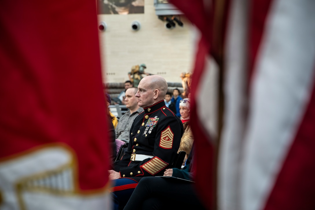 The Sergeant Major of the Marine Corps, Troy E. Black, attends The President’s Own brass ensemble performance in observance of the 75th anniversary of the battle of Iwo Jima at the National Museum of the Marine Corps in Quantico, V.A., Feb. 23, 2020. The concert was dedicated to Marines and sailors who fought in the battle of Iwo Jima and also thanked veterans who have fought in wars over the last century. (U.S. Marine Corps photo by Sgt. Victoria Ross)