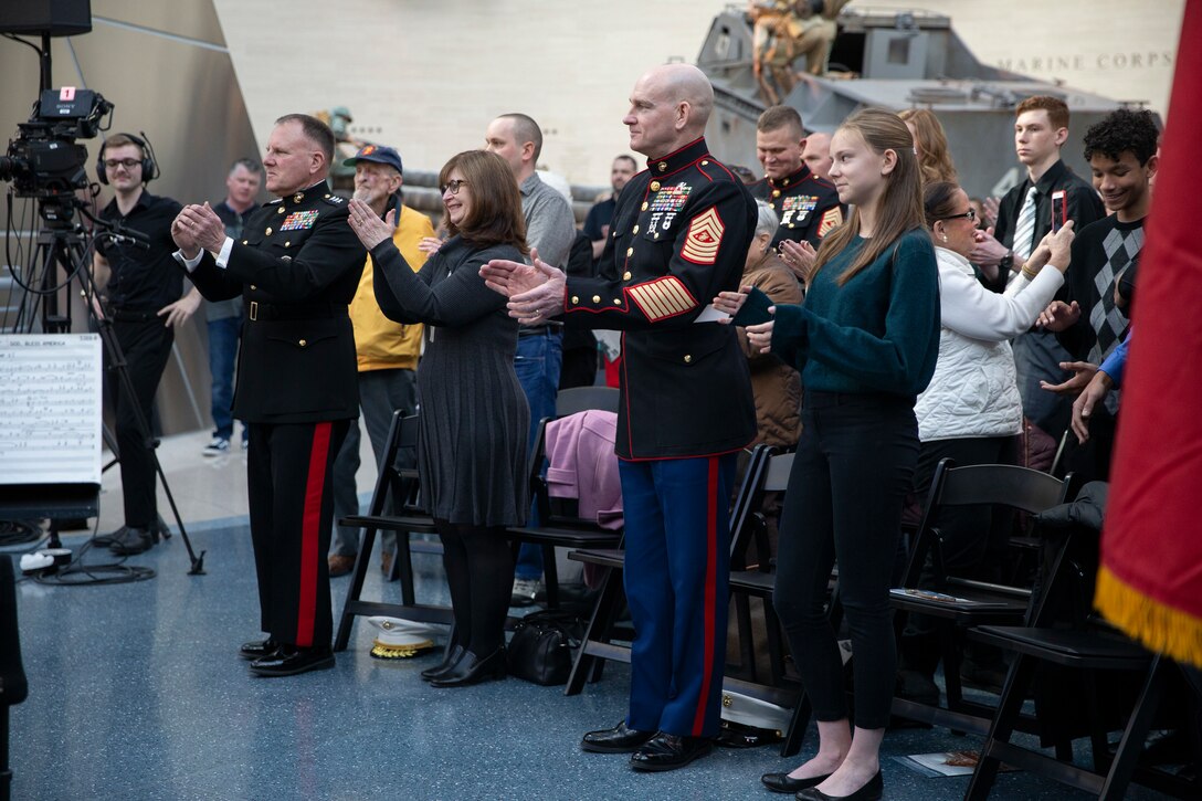The Sergeant Major of the Marine Corps, Troy E. Black, attends The President’s Own brass ensemble performance in observance of the 75th anniversary of the battle of Iwo Jima at the National Museum of the Marine Corps in Quantico, V.A., Feb. 23, 2020. The concert was dedicated to Marines and sailors who fought in the battle of Iwo Jima and also thanked veterans who have fought in wars over the last century. (U.S. Marine Corps photo by Sgt. Victoria Ross)