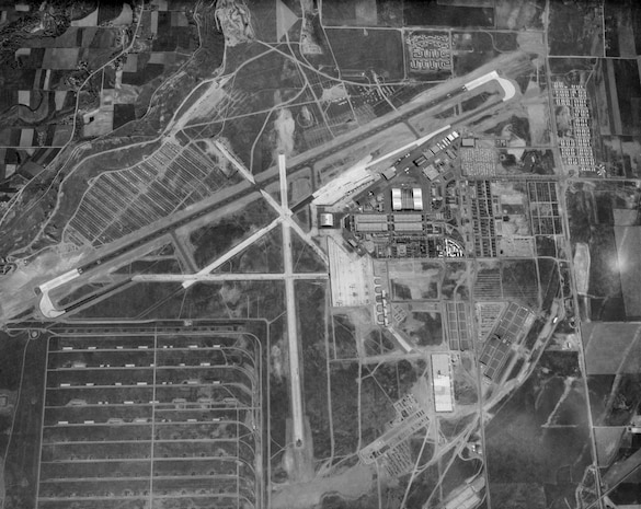 Aerial view of Hill AFB’s east area and runway system, 1957.