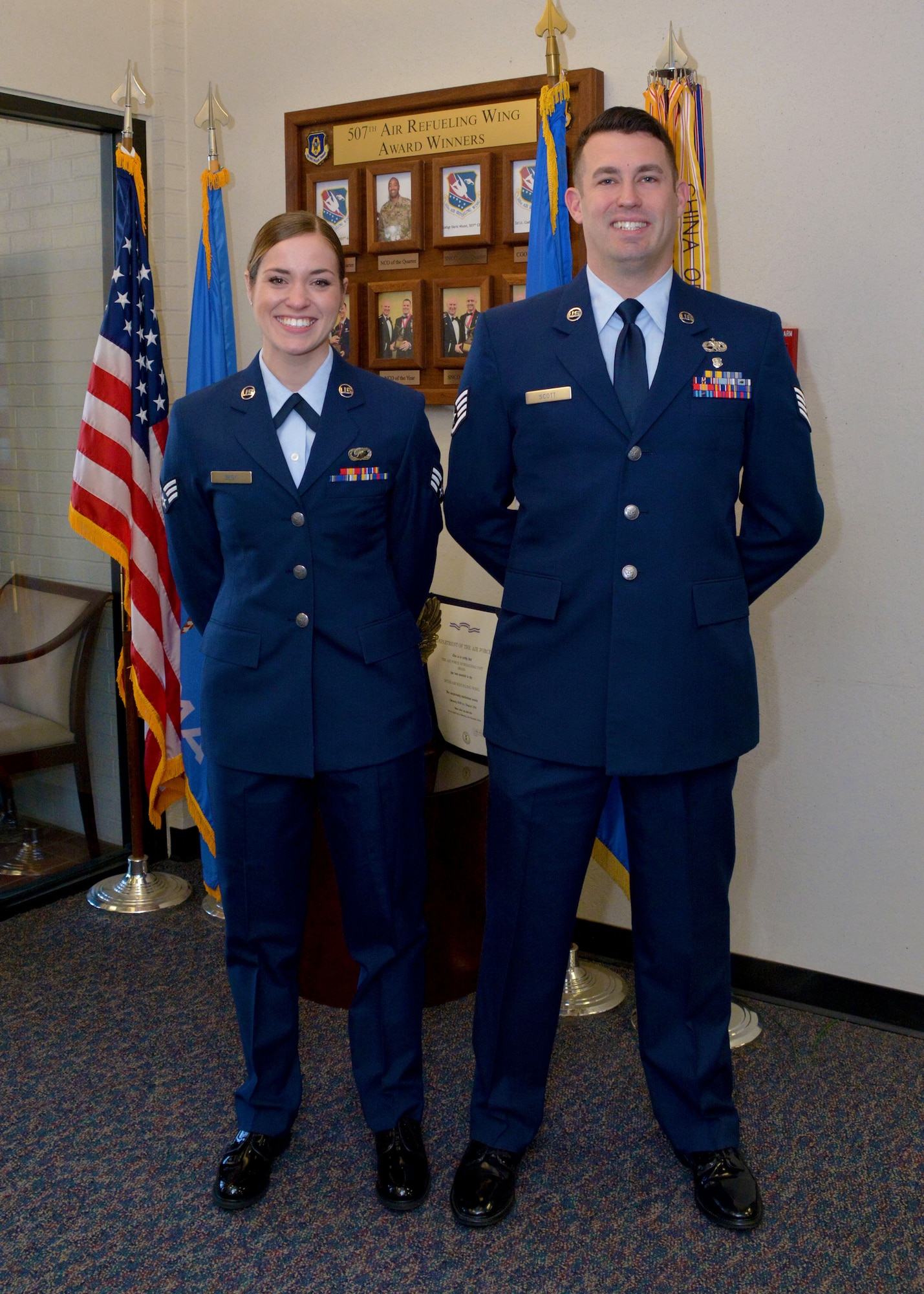 Two airmen wait for commissioning board interview