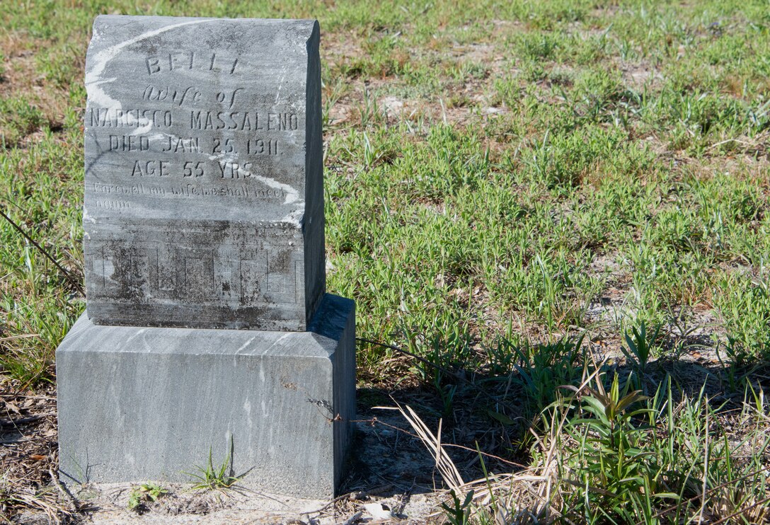 Pictured is Belle Massalina’s headstone in Massalina Cemetery at Tyndall Air Force Base, Florida, Feb. 28, 2020. A press event was held at the cemetery to inform the public of Tyndall’s efforts to maintain and preserve the cemeteries located on base property. (U.S. Air Force photo by 2nd Lt Kayla Fitzgerald)