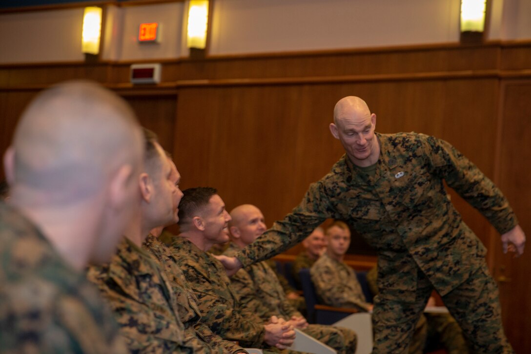 The 19th Sergeant Major of the Marine Corps, Sgt. Maj. Troy E. Black, addresses the newest First Sergeants in the Marine Corps during First Sgt. course 1-20 at the Gray Research Center in Quantico, V.A., Feb. 26, 2020. The First Sgt. course is a two-week class designed for E-8s to prepare them for their new role as senior leaders. (U.S. Marine Corps photo by Sgt. Victoria Ross)
