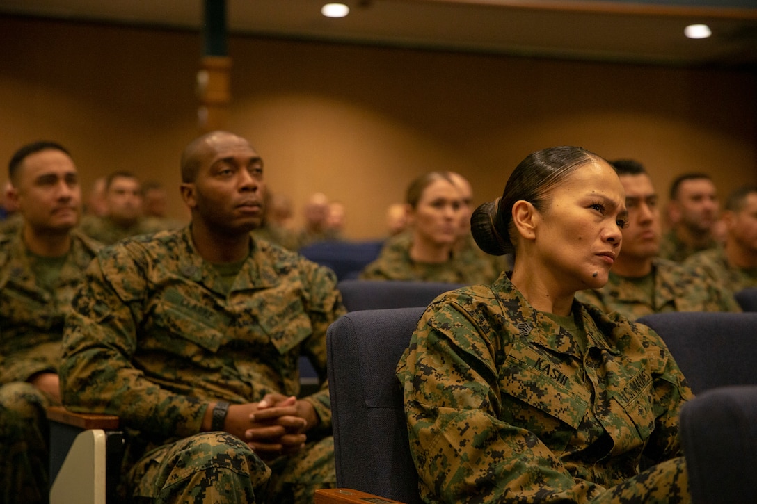 The 19th Sergeant Major of the Marine Corps, Sgt. Maj. Troy E. Black, addresses the newest First Sergeants in the Marine Corps during First Sgt. course 1-20 at the Gray Research Center in Quantico, V.A., Feb. 26, 2020. The First Sgt. course is a two-week class designed for E-8s to prepare them for their new role as senior leaders. (U.S. Marine Corps photo by Sgt. Victoria Ross)