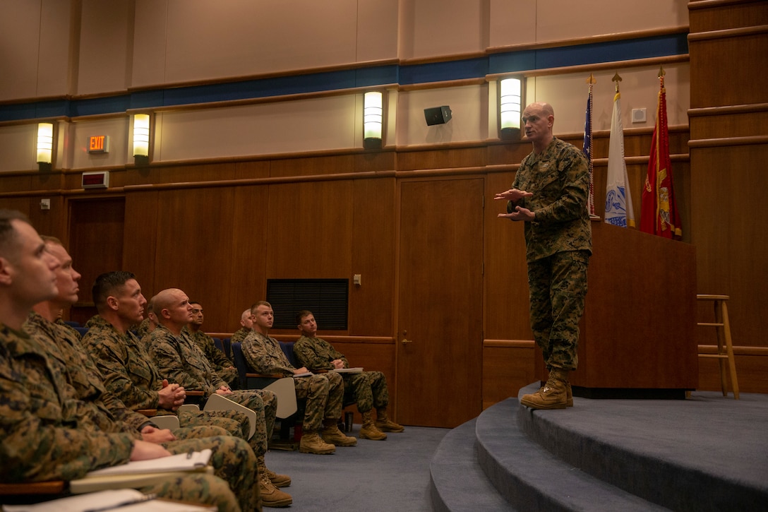 The 19th Sergeant Major of the Marine Corps, Sgt. Maj. Troy E. Black, addresses the newest First Sergeants in the Marine Corps during First Sgt. course 1-20 at the Gray Research Center in Quantico, V.A., Feb. 26, 2020. The First Sgt. course is a two-week class designed for E-8s to prepare them for their new role as senior leaders. (U.S. Marine Corps photo by Sgt. Victoria Ross)