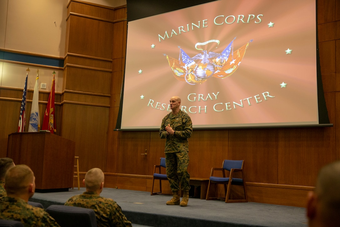 The 19th Sergeant Major of the Marine Corps, Sgt. Maj. Troy E. Black, addresses the newest First Sergeants in the Marine Corps during First Sgt. course 1-20 at the Gray Research Center in Quantico, V.A., Feb. 26, 2020. The First Sgt. course is a two-week class designed for E-8s to prepare them for their new role as senior leaders. (U.S. Marine Corps photo by Sgt. Victoria Ross)