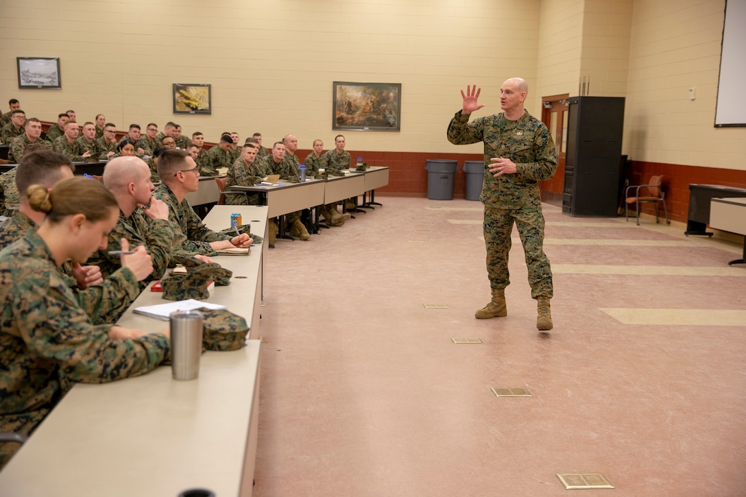 The 19th Sergeant Major of the Marine Corps, Sgt. Maj. Troy E. Black, addresses newly commissioned Marine Corps officers at The Basic School (TBS) at Camp Barratt in Triangle, V.A., Feb. 26, 2020. TBS is where all appointed and commissioned Marine Corps officers are taught the basic skills to effectively lead as an officer. (U.S. Marine Corps photo by Sgt. Victoria Ross)