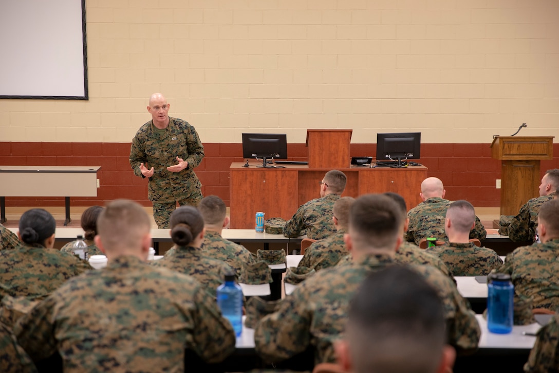 The 19th Sergeant Major of the Marine Corps, Sgt. Maj. Troy E. Black, addresses newly commissioned Marine Corps officers at The Basic School (TBS) at Camp Barratt in Triangle, V.A., Feb. 26, 2020. TBS is where all appointed and commissioned Marine Corps officers are taught the basic skills to effectively lead as an officer. (U.S. Marine Corps photo by Sgt. Victoria Ross)