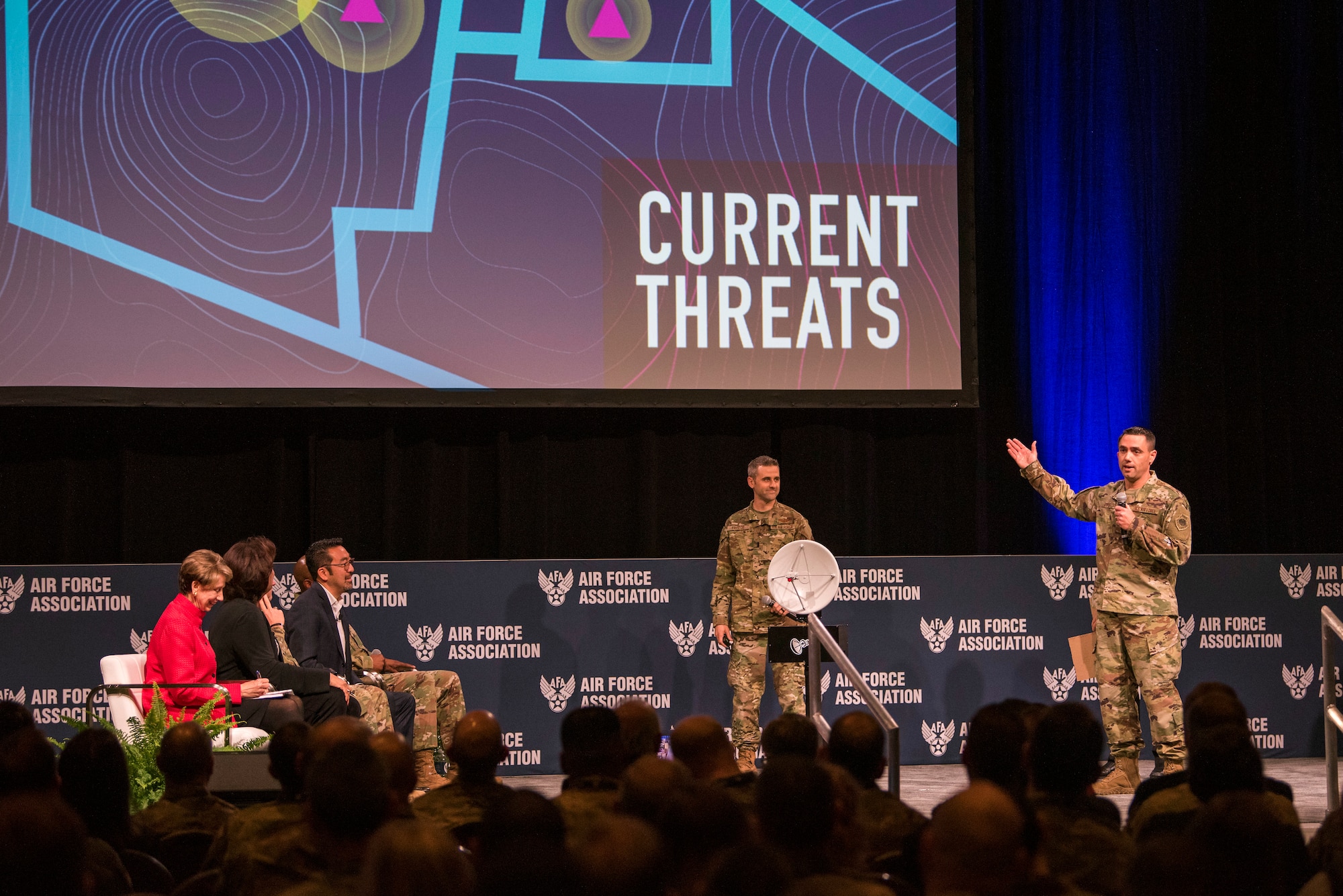 Capt. David Coyle and 1st Lt. Daniel A. Treece pitch the Low-Cost Threat Emitter Replication to Air Force and industry leaders during Spark Tank 2020 judging at the Air Force Association’s Air Warfare Symposium, in Orlando, Fla., Feb. 28, 2020. The Low-Cost Threat Emitter enhances 5th generation fighter kill chain training using a low-cost, highly mobile software-defined radio-based emitter capable of replicating multiple surface threat systems. The three-day symposium is a professional development forum that offers the opportunity for Department of Defense personnel to participate in forums, speeches, seminars and workshops with defense industry professionals. (U.S. Air Force photo by Staff Sgt. James Richardson)