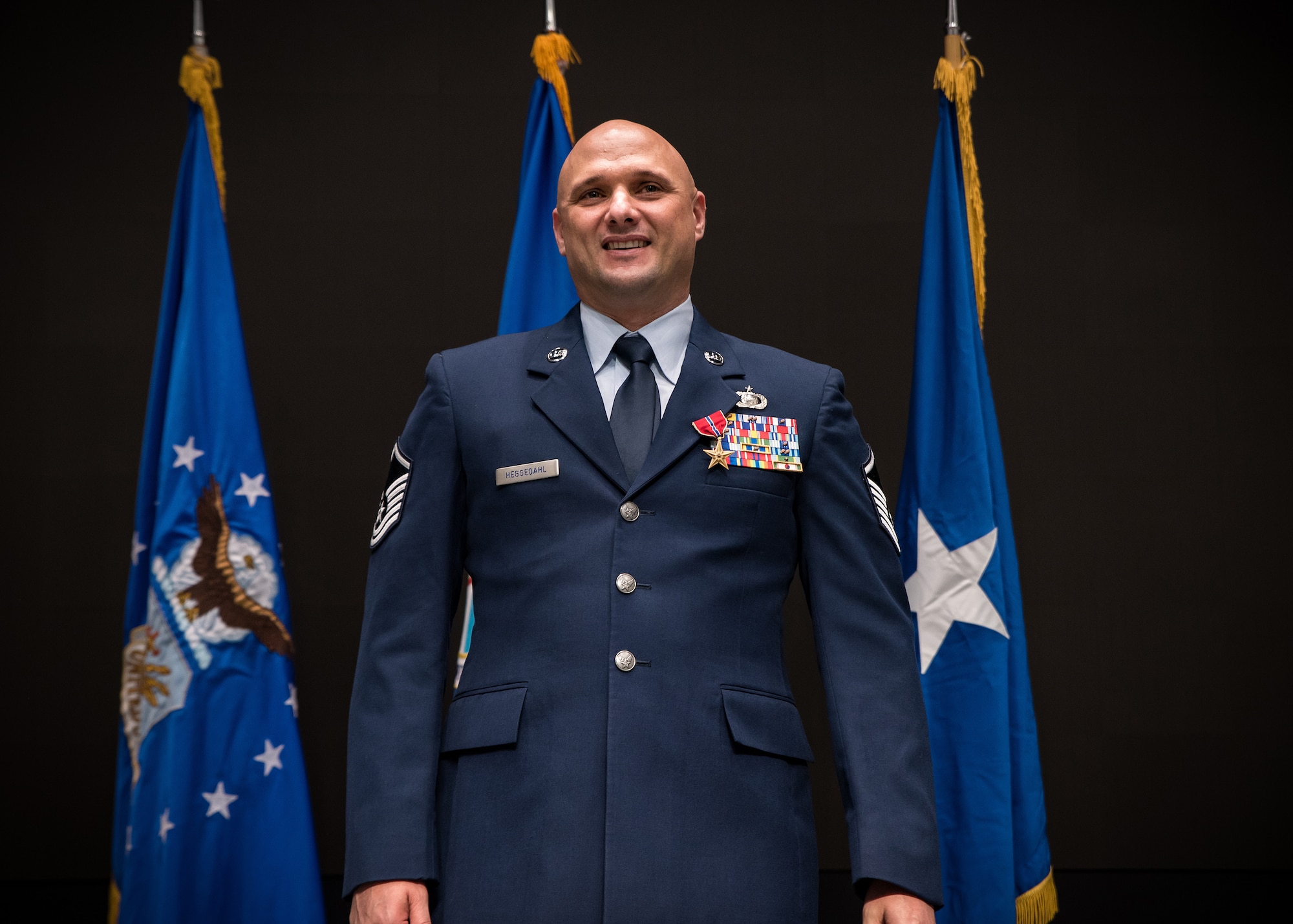 The Bronze Star was presented to Master Sgt. Timothy L. Heggedahl, an intelligence analyst, during a ceremony at the Air Force Institute of Technology, Wright-Patterson Air Force Base, on Feb. 26, 2020. Heggedahl distinguished himself by meritorious achievement while engaged in military operations in Iraq from Nov. 18, 2018, to June 25, 2019. (U.S. Air Force photo/Richard Eldridge)