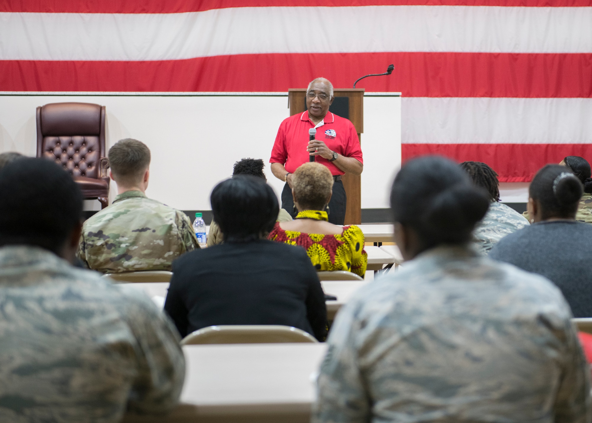 Retired U.S. Air Force Col. Richard Toliver, member of the Archer-Ragsdale Arizona chapter of Tuskegee Airmen Incorporated, speaks during a Black History Month panel discussion Feb. 27, 2020, at Luke Air Force Base, Ariz.