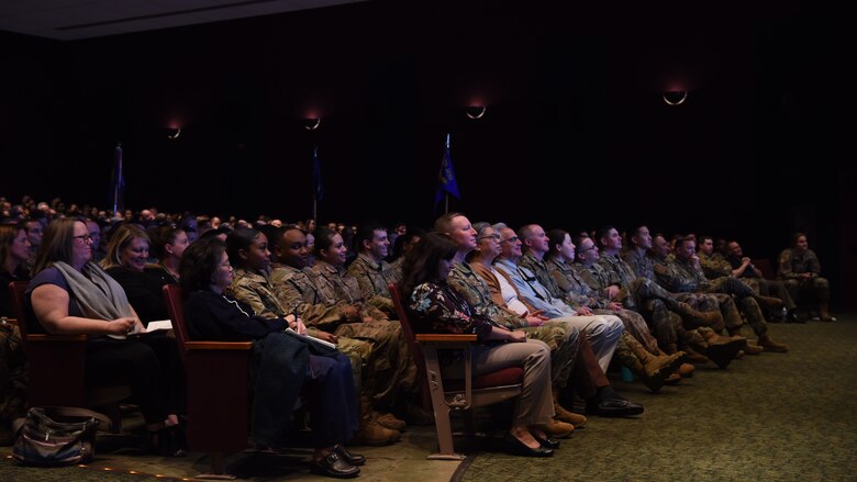 Members from the 30th Space Wing gather during an all call held by Col. Anthony Mastalir, 30th SW commander, and Chief Master Sgt. Daryl Hogan, 30th SW command chief, Feb. 27, 2020, at Vandenberg Air Force Base, Calif. During the all call, Mastalir and Hogan discussed the objective of the U.S. Space Force, which is to organize, train and equip the forces necessary to enhance space warfighting readiness and lethality. (U.S. Air Force photo by Senior Airman Aubree Milks)